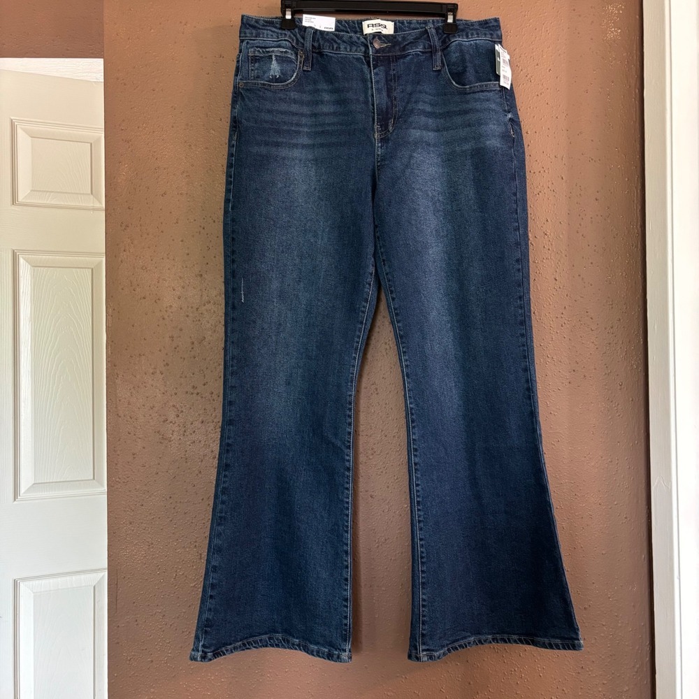 RSQ Low Rise Flare Jeans Dark Wash Distressed Denim Size 33 NWT